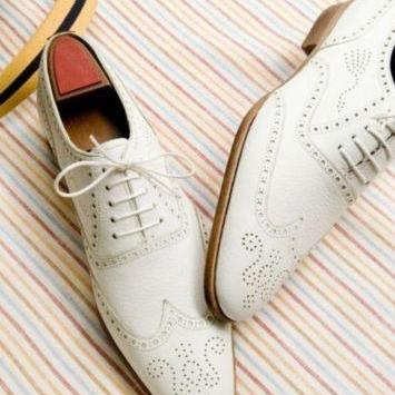 Handmade men fashion wingtip brogue white leather shoes, Men white formal shoes