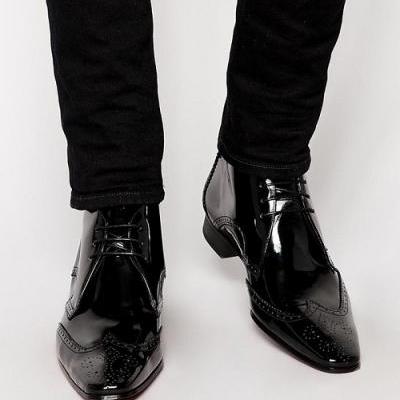 Handmade Men Black Brogue Oxford Lace up ankle boots, Men Black Patent Leather dress ankle high boots