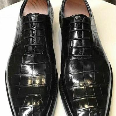 Handmade Men's Leather Shoes, Black Crocodile Patterned Dress Shoes