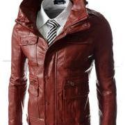 MENS DOUBBLE COLLAR LEATHER JACKETS, MEN RED LEATHER JACKET WITH CARGO POCKETS