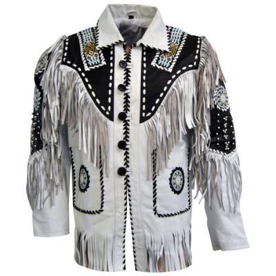 Men White Cow Leather Western Cowboy Jacket With Fringe, Mens fringe jackets, Cowboy jackets