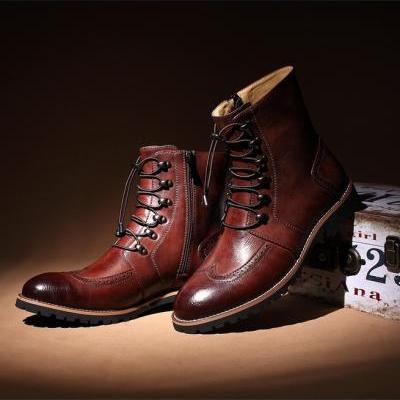 Handmade men lace-up ankle high leather boot, Men leather boots, Men brown boot