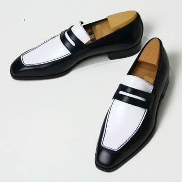 Handmade Mens Leather Shoes, Men Black And White Color Real Leather Moccasins 