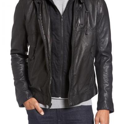 Mens black removable hooded jacket, Black leather jacket, Hooded leather jacket 