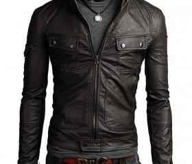 Men Classic Black Buckle Collar Stylish Leather Biker Jacket on Luulla