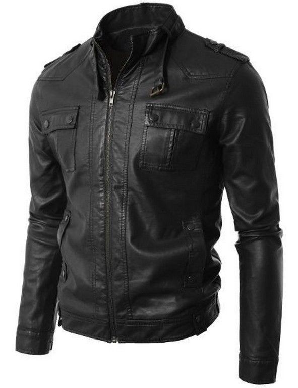 Men Classic Black Buckle Collar Stylish Leather Biker Jacket on Luulla