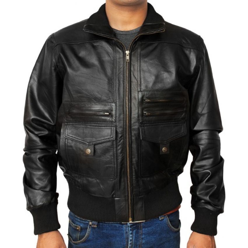 Handmade Black Real Leather Jacket With Five Front Pockets on Luulla