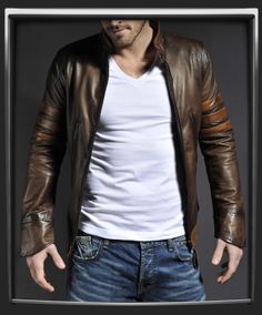 Men's Stylish Retro Leather Jacket With Brown Stripes. Available In All ...