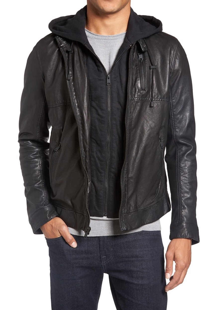 black leather jacket with gray hoodie