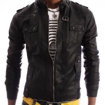 Handmade Men Slim Leather Jacket, Black Biker Leather Jacket on Luulla