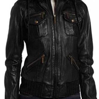 WOMENS HOODIE JACKET, BLACK COLOR HOODED LEATHER JACKET, WOMEN'S