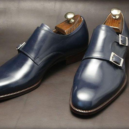 Leather Monk Shoes, Men Navy Blue 