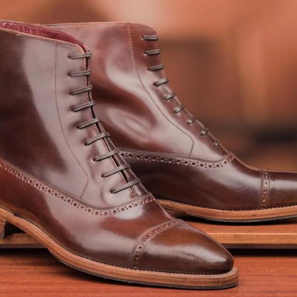 Handmade Men's Brown Leather Boots, New Men Lace Up Cap Toe Leather ...