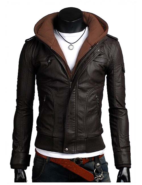 Men Brown Fabric Hooded Leather Jacket on Luulla