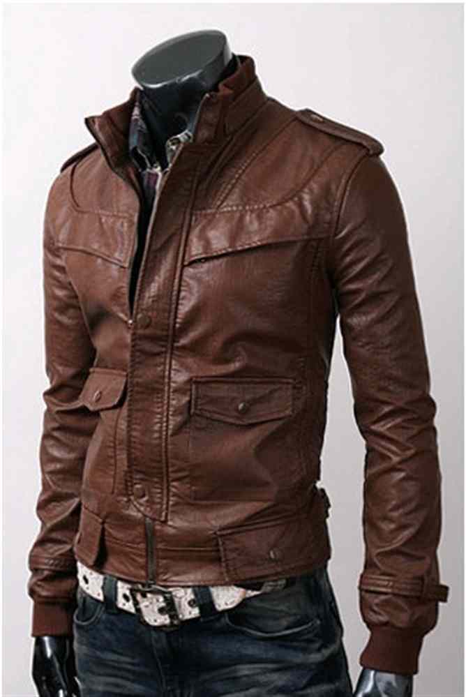 Mens Slim Fit Hand Made Korean Style Brown Leather Jacket on Luulla