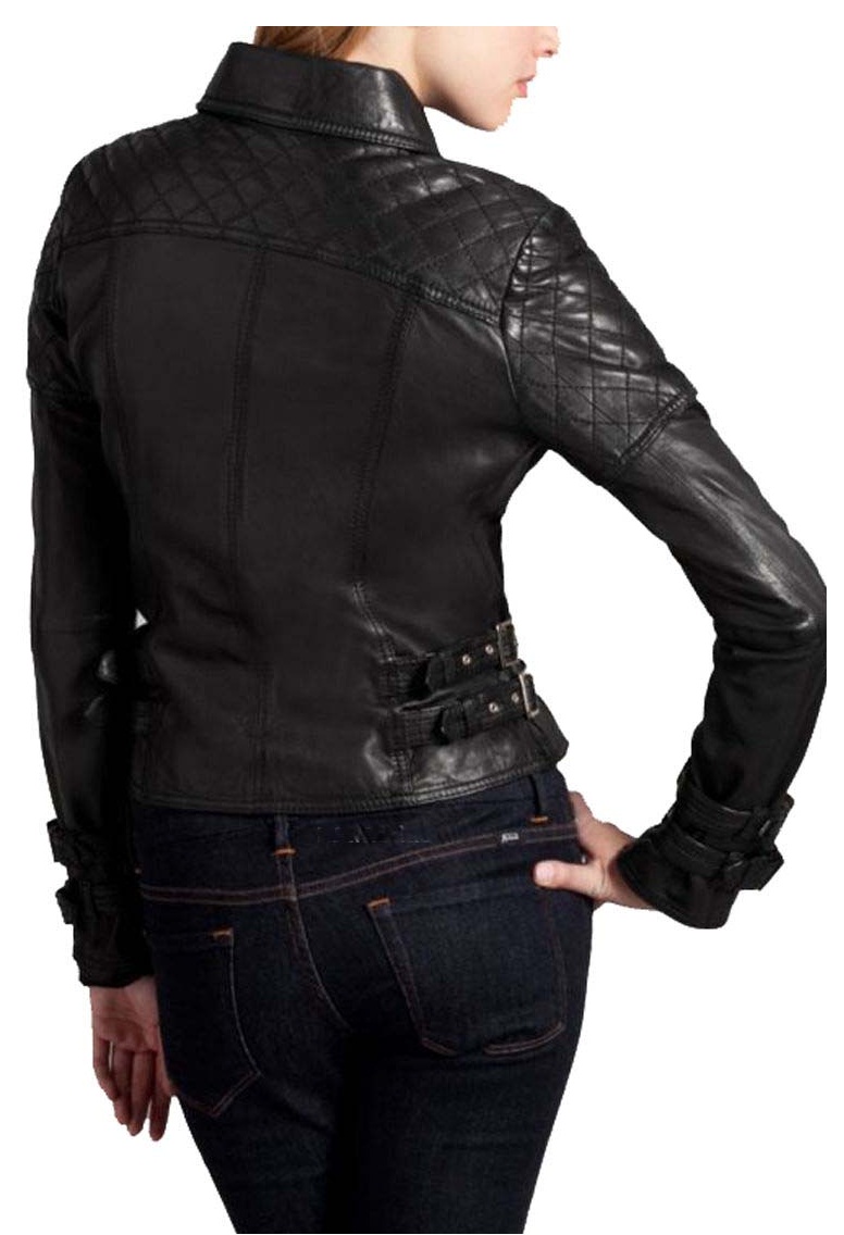 Women Biker Leather Jacket, Black Real Leather Jacket With Buckle Belt ...