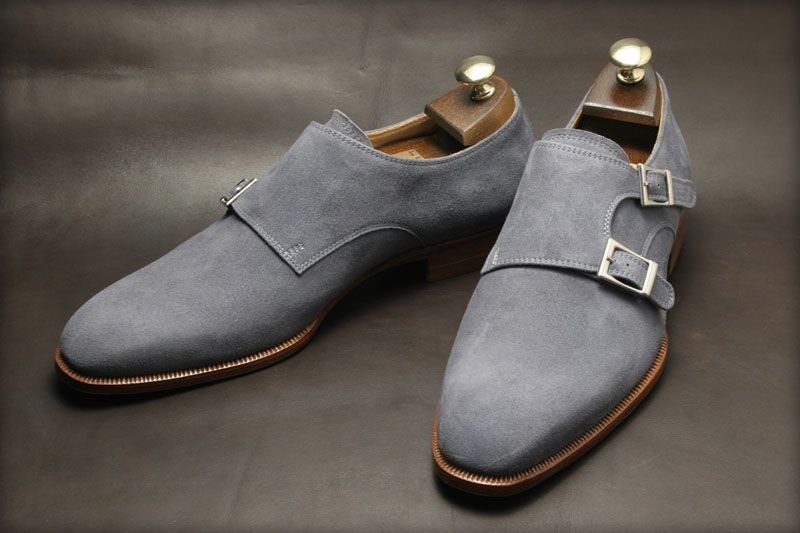 Handmade Men Gray Suede Dress Shoes, Mens Suede Monk Shoes, Mens Formal